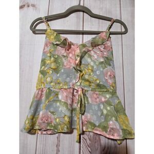 Express Floral Burnout Chiffon Peplum Cami Top Pink Green XS Fairy Feminine